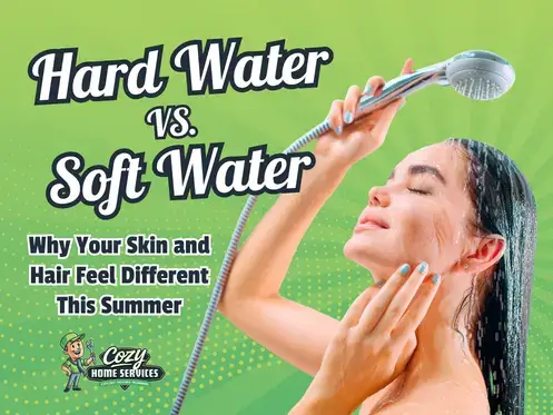 A woman showers under running water as text highlights how hard water can leave skin and hair feeling dry, while soft water helps keep them smooth and healthy in summer.
