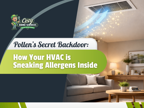 A living room with sunlight, a couch, table, and visible airflow from a ceiling vent, illustrating how HVAC systems can allow pollen and other allergens inside.