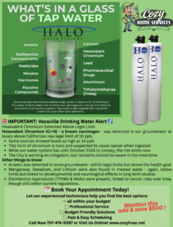 Infographic about tap water contaminants, including estrogen in water, a list of chemicals, a whole-home filtration system, and a drinking water alert for Vacaville homeowners regarding hexavalent chromium.